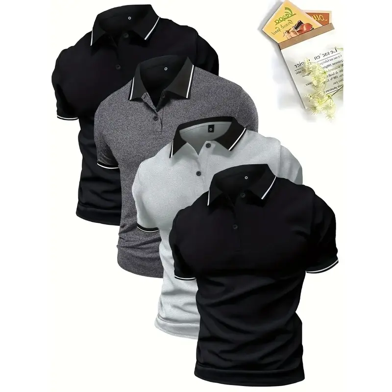 Men's 4-Pack Solid Color Short-Sleeve Polo Shirts, Menswear, Regular Fit Knit Fabric (95% Polyester, 5% Elastane), Plain Solid Color Collared Lapel, Button Detail, Slight Stretch, Casual Athleisure Basics, Dry Clean Compatible Sports Tops