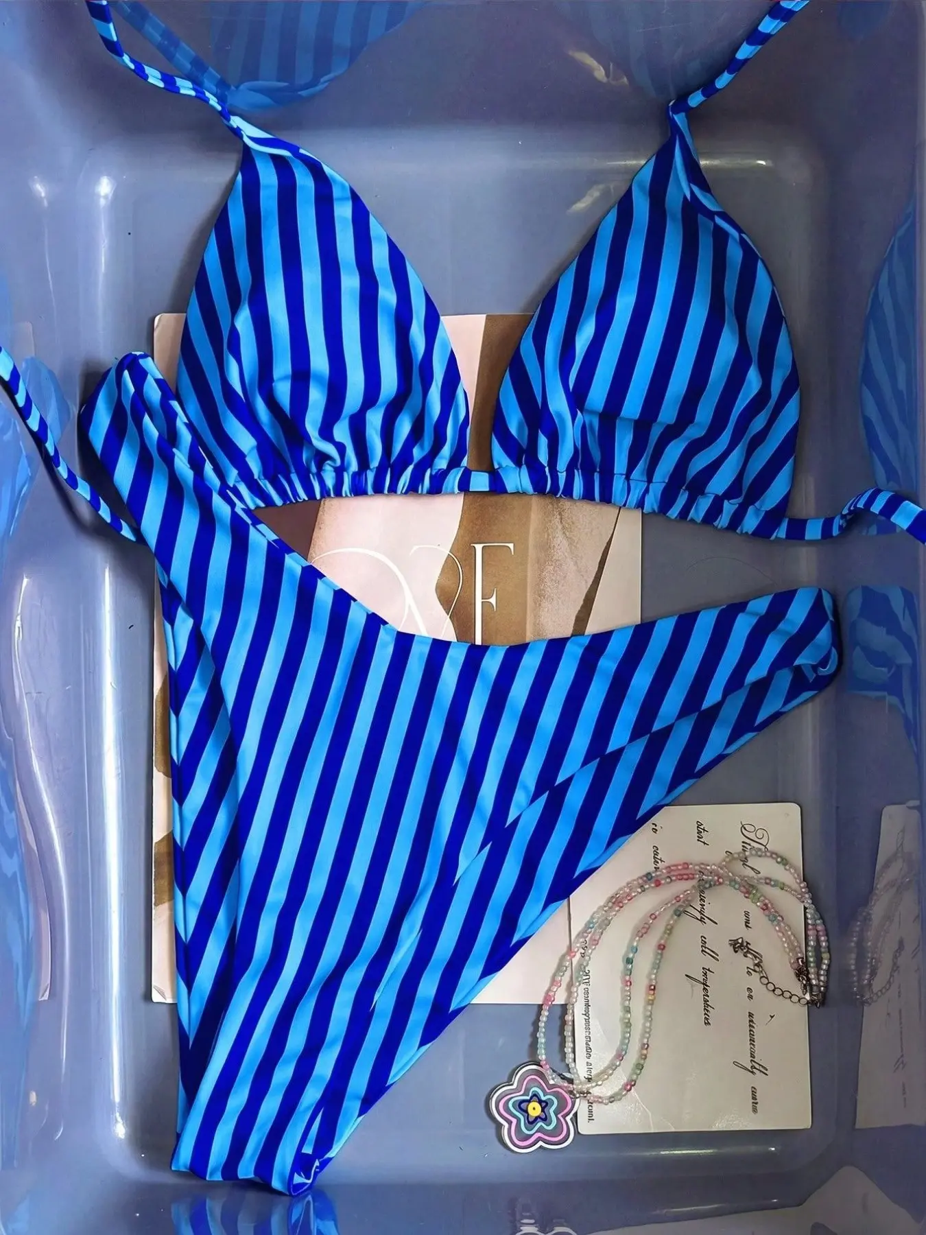 Salt Blue Striped Bikini Two-Piece Swimsuit, Sexy Vacation Style, Fitted Polka Dot Pattern, Lace Up Swimwear for Women