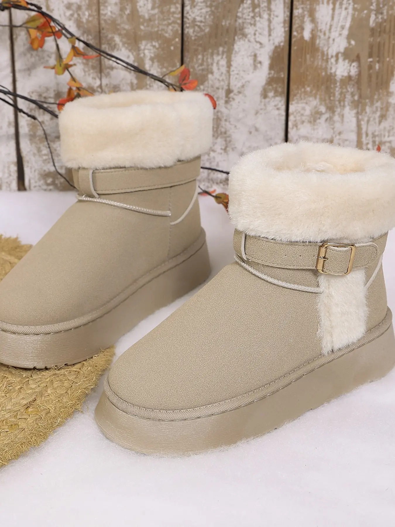 Trendy Plush Faux Fur Collar Thick Sole Snow Boots, Metal Buckle Strap Warm Winter Women's Short Cuff Cotton Boots