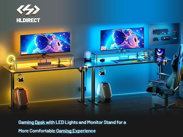 Ecofurnix,LED light game table & power socket, computer gaming desks & monitor stand, ergonomic carbon fiber game table, home office desk with cup holder, headphone hook and mouse pad, simple assembly