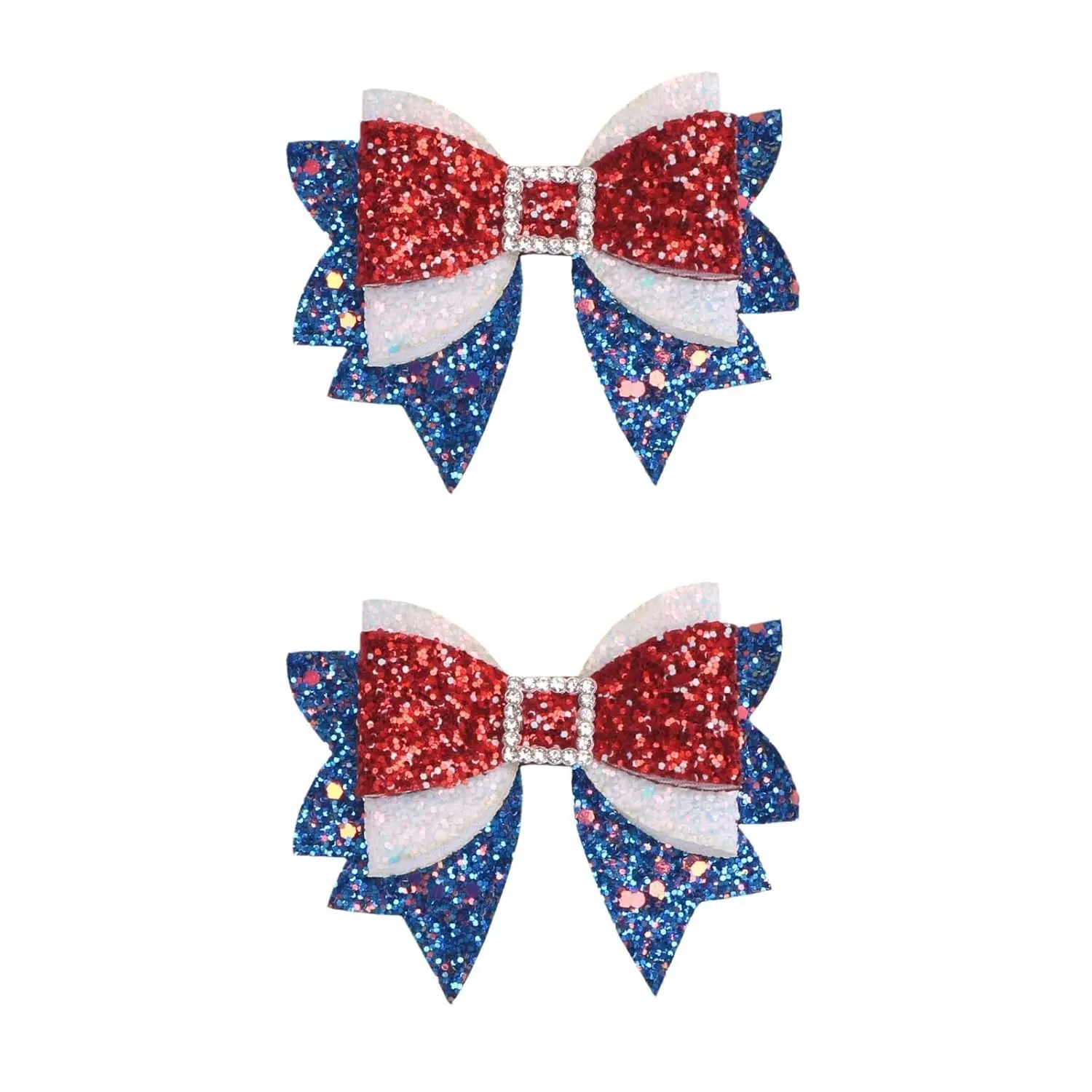2pack Patriotic Design Bows Hair Clips - 3.54in Red White Blue Glitter Cheer Bows with Alligator Clips, Decorative Pins for 4th of July Hair, Girls & Women’s US Nation Pride Accessories