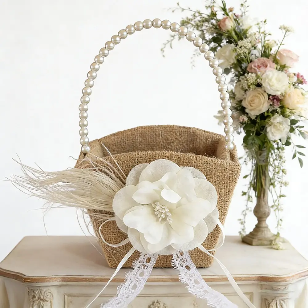 1Pc Linen Pearl Flower Basket, Flower Girl Basket, Linen Lace Pearl Retro Forest Romantic Fresh Flower Basket, Outdoor Wedding Welcome Wedding Photography Prop Flower Basket, Bridal Bridesmaids Handheld Flower Basket