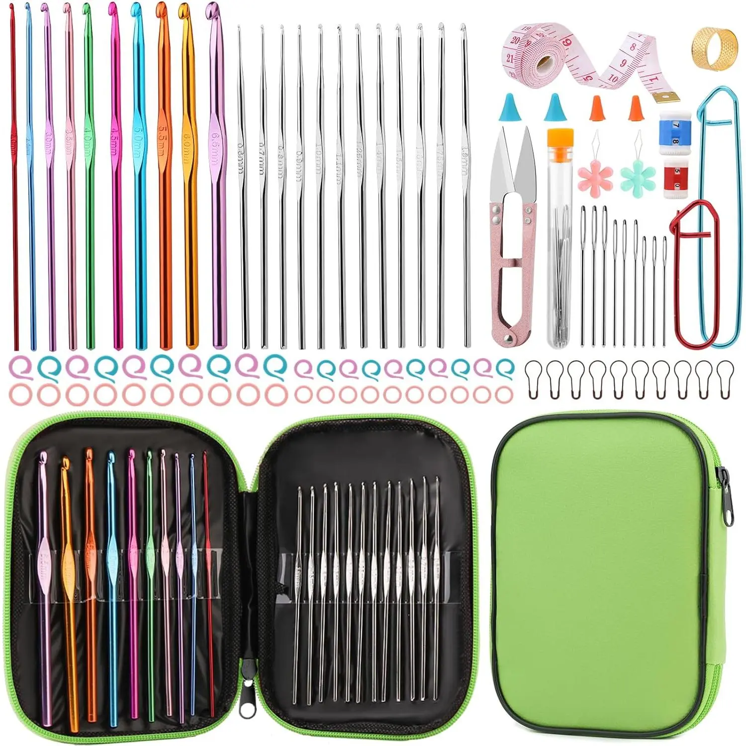 96 count Crochet Hooks Set, 0.6mm-6.5mm Crochet  for Yarn Crochet Kits for Beginners, Metal Crochet Hooks with Crochet Accessories, Large-Eye Blunt  for Crochet Lovers (Green)
