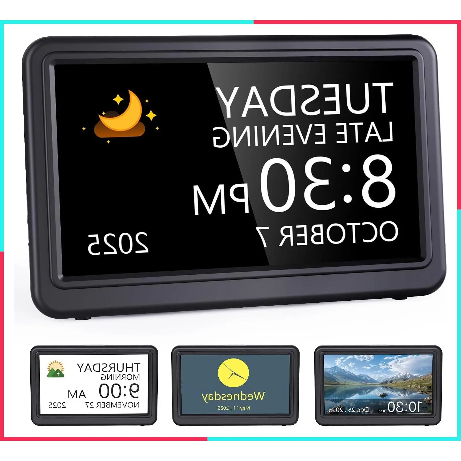 Digital Calendar Clock with 12 Themes, 20 Alarms, 20 Reminders, Semi-Automatic Dimming, 12/24 Hour Display, Auto DST for Seniors, Desktop, Office, Students (Black, 7 Inches)