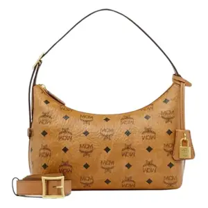 MCM Aren Visetos Floral Monogram Gold Lock Pendant Hobo Handbag for Women, Saffiano Leather, Brown and Cognac