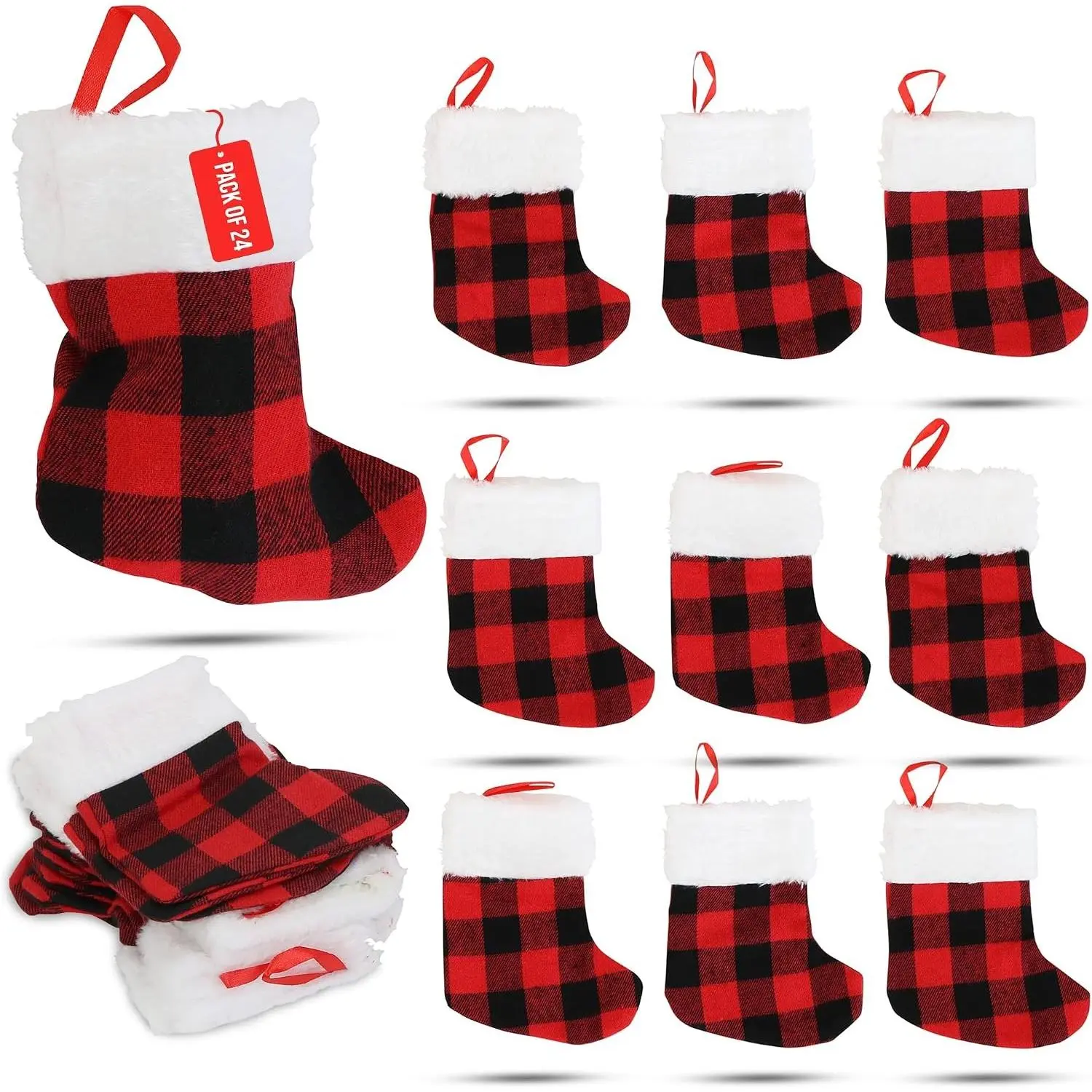24-Pack Mini Christmas Stockings, 6-Inch, Red Buffalo Plaid Decoration Ornament