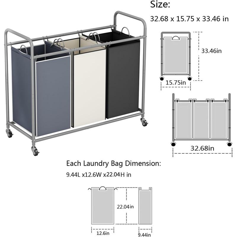 3-Bag Laundry Basket Hamper Laundry Sorter Cart laundry room organization with Heavy Duty Rolling Lockable Wheels and Removable Bags【A001】 Deals For You Days