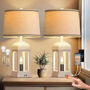 13*13*26 Inch White Resin 2 Pack Farmhouse Table Lamp Built-in USB A+C Port Nightlight 4 Lighting Modes Rotary Switch Dimmable Rustic Bedside Lamp for Bedroom Living Room Study