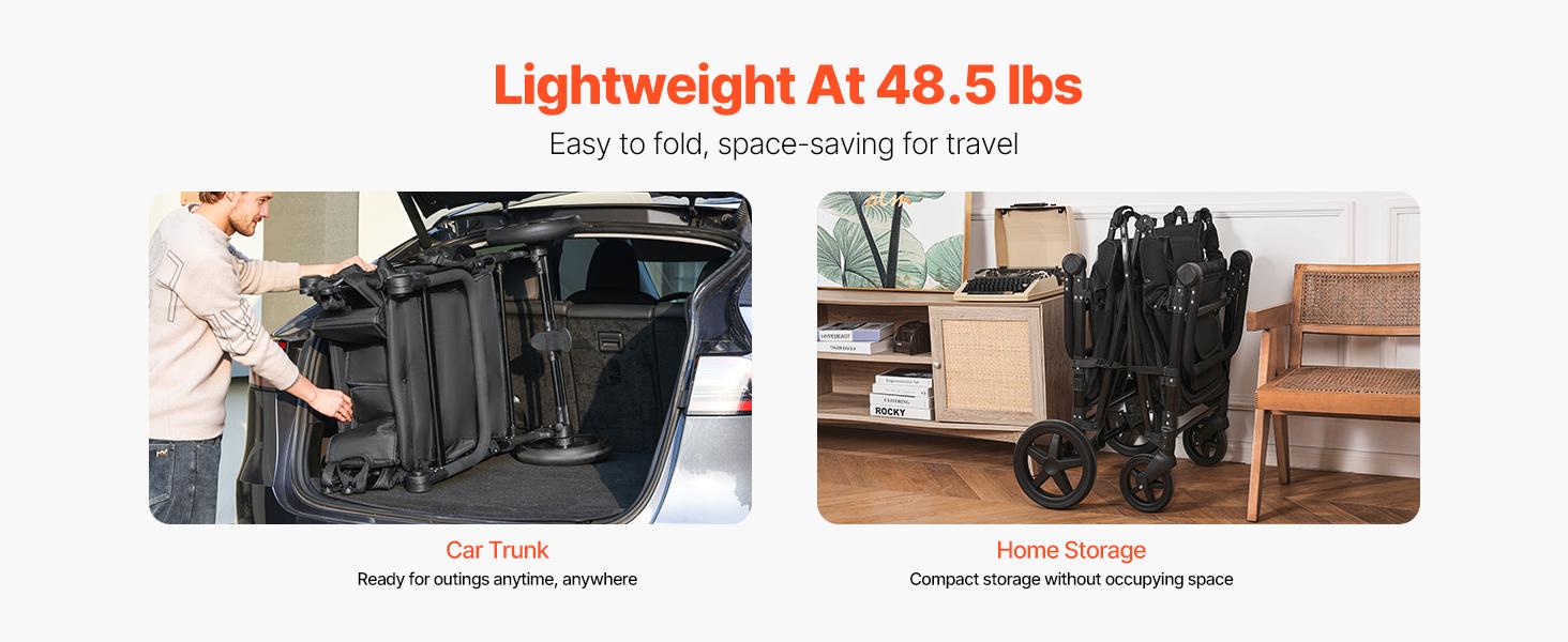 VEVOR  Wagon Stroller for 4 Kids, Push Pull Quad Collapsible Stroller with Adjustable Handle, 5-Point Safety Harness & Removable Canopy, 4-Seater Stroller Wagon for Camping, Black (330LBS Loading)