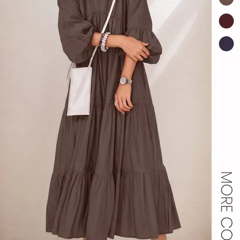 Women's Loose Casual Basic Chic V-Neck Long Dress, Fall and Winter Plain Design, Long Sleeve, Relaxed Fit for Daily Wear, Plain Ruffle Dress
