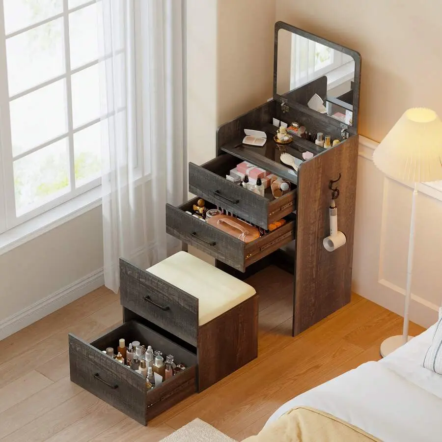 Modern 3-In-1 MDF Wood Makeup Vanity Desk Set - Foldable Mirror, Compact Multi-Drawer Dressing Table, Cushioned Stool for Bedroom