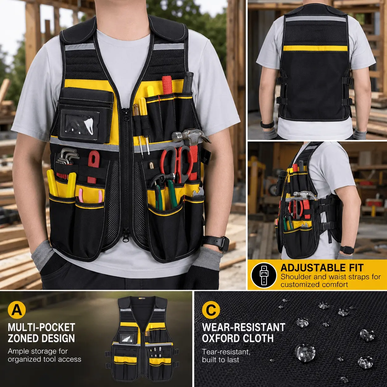 Heavy-Duty Ripstop Tool Vest with Reflective Strips, Multi-Pocket Breathable Gear for Construction, Carpenter, Electrician, Mechanic, Gardening – Water-Resistant & Tear-Resistant Organizer