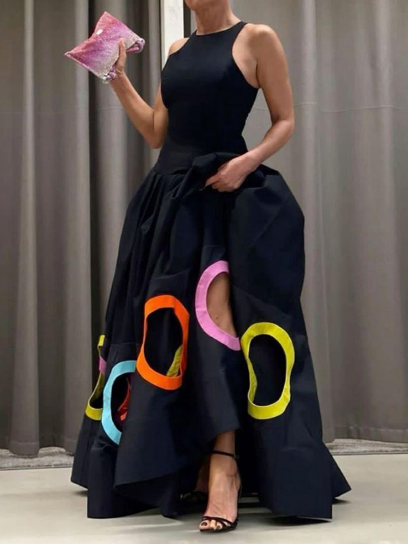 Women's Colorblock Cut Out Round Neck A Line Dress, Elegant Sleeveless Maxi Dress for Party Evening Formal Occasions, Ladies' Clothes for Spring & Fall, Evening Party Dresses