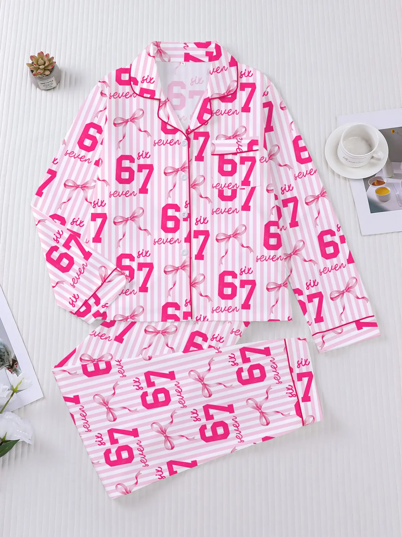 Women's 2-Piece Fall Winter Long Sleeve Pajama Set, Striped Bow Print, Casual Fitted Sleepwear, Soft Elastic Fabric, Outdoor Comfortable Home Wear