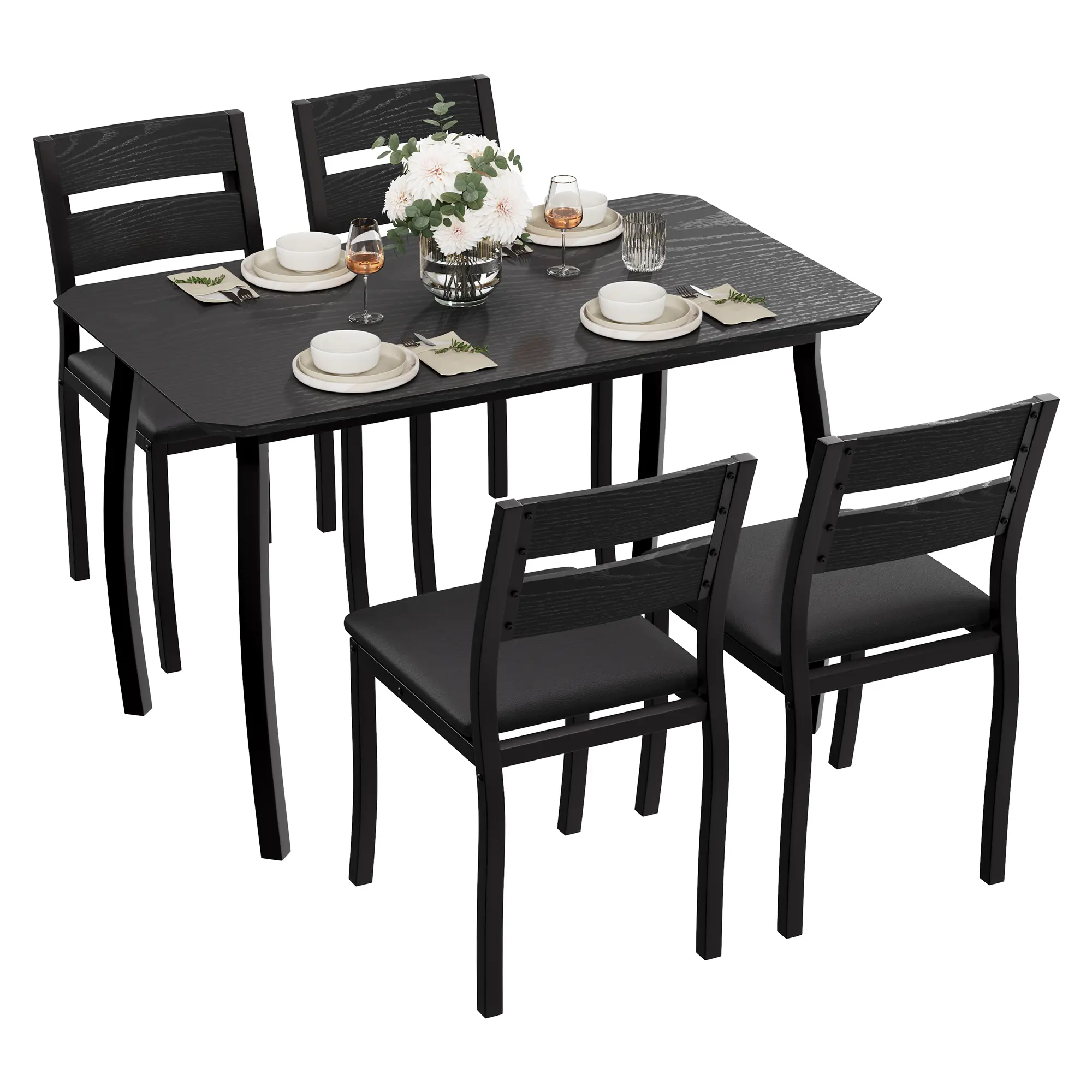 Garvee Modern 4-Person Dining Table Set with Metal Frame, Chamfered Wood Top & PU Upholstered Chairs for Small Spaces