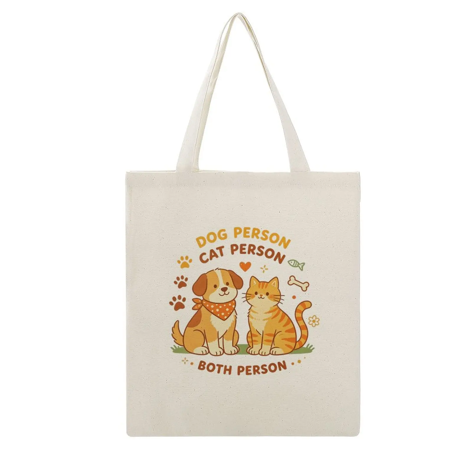 15.8*13.4in Dog Person Cat Person Both Person Cute Cartoon Puppy Orange Tabby Cat Paw Bone Fish Print Canvas Tote Bag Pet Lover Reusable Eco Friendly Large Capacity Daily Shopping Work Commute Shoulder Handbag