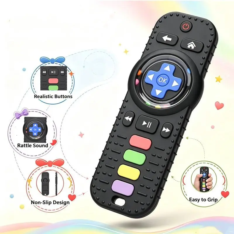 Simulation TV Remote Rattle Teether,BPA-Free Food-Grade Silicone,Teething Toy For Infant,Easy Grip Textured Surfaces, Beading Sensory Toy,baby chew teether toy, montessori toy