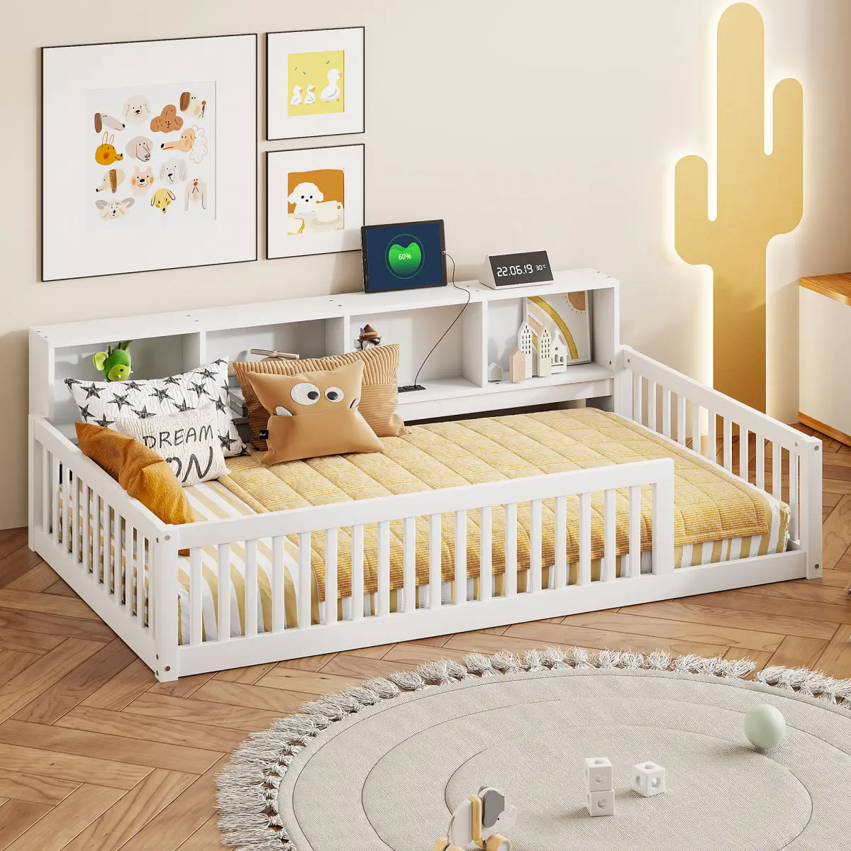 White Pine & MDF Twin XL Toddler Floor Bed with Storage, Nursery Furniture, 83.8"L*48"W*25.1"H, 3 Cabinets, 2 Outlets, 2 USB Ports, Surround Fence, 400LBS Load Capacity, Fits 8-10 Inch Mattress, No Box Spring Needed, Toddler Bed With Storage