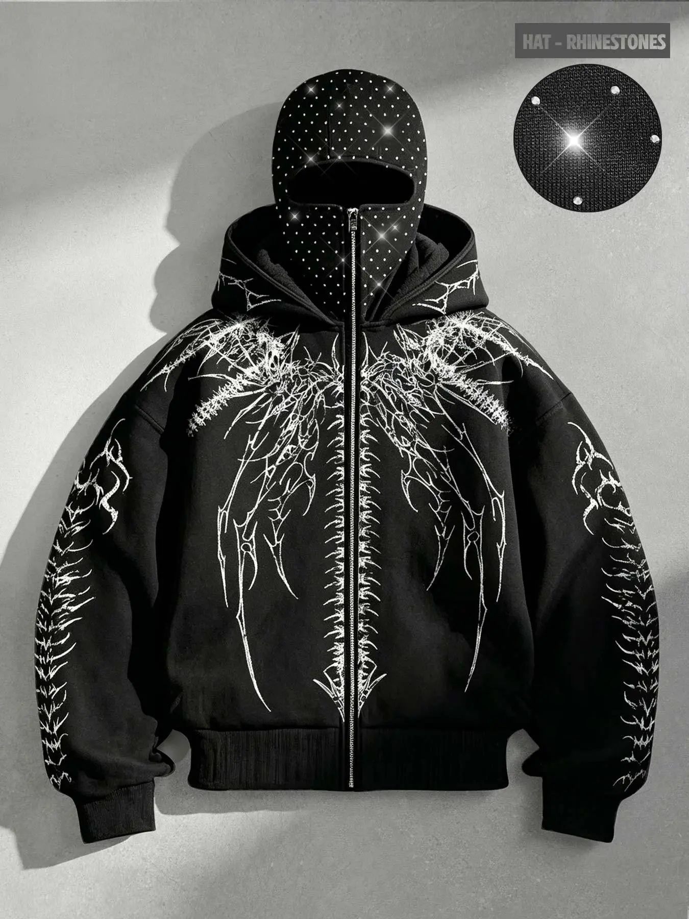 American-style dark thorn skeleton print double-hooded men's cardigan sweatshirt, heavy-duty full-diamond integrated face mask design, double hood, full zip-up men's cardigan jacket, Y2K subculture gothic style street hip-hop loose unisex jacket.
