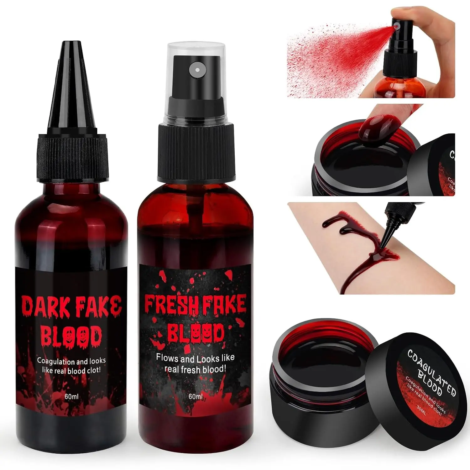 3PCS Halloween Fake Blood Kit, 2.03oz Fake Blood Spray and 2.03oz Dripping Blood and 1.06oz Coagulated Gel Blood, Realistic Washable Fake Blood Makeup for Zombie Vampire Monster Cosplay & Dress UpGift