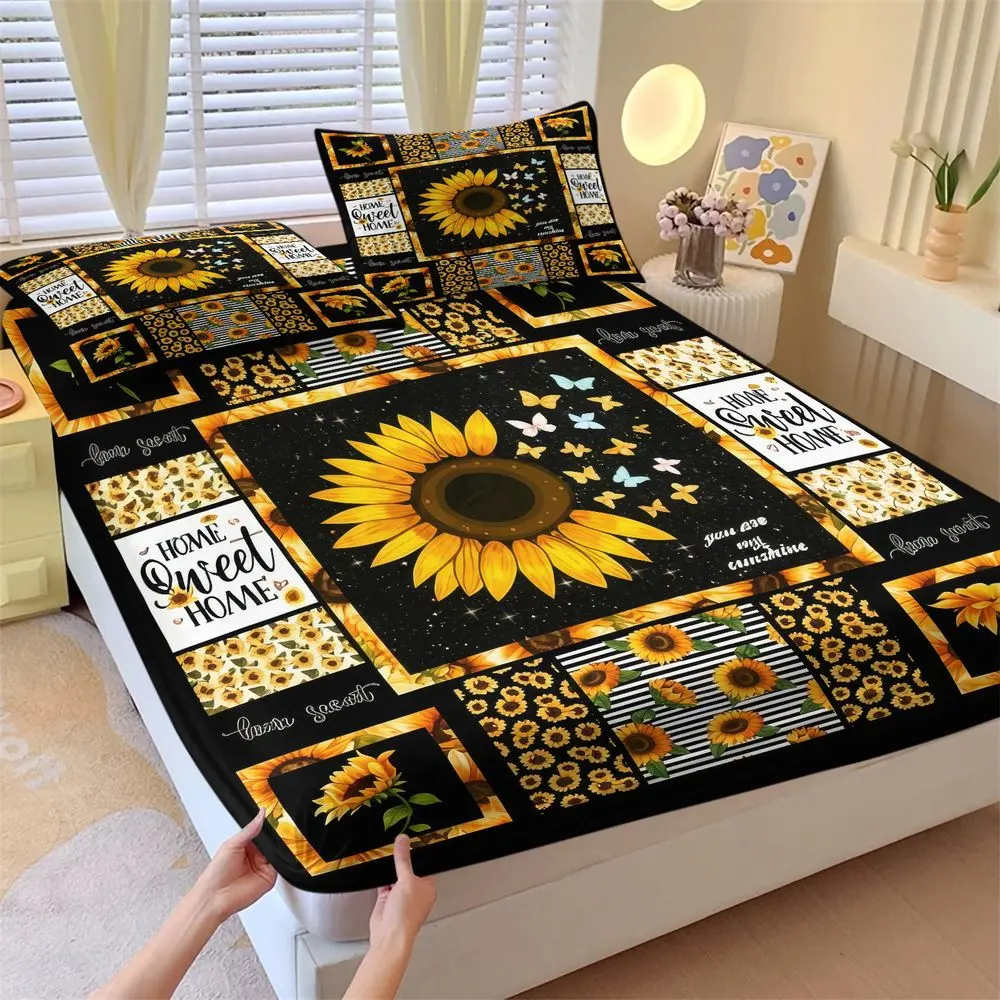 3Pcs Sunflower Bedding Set, Rustic Farmhouse Fitted Sheet Set, Boho Floral Bed Sheets Set with Butterflies, Soft Home Decor Bedding for Bedroom, King/Queen/Full/Twin Size No Fillers