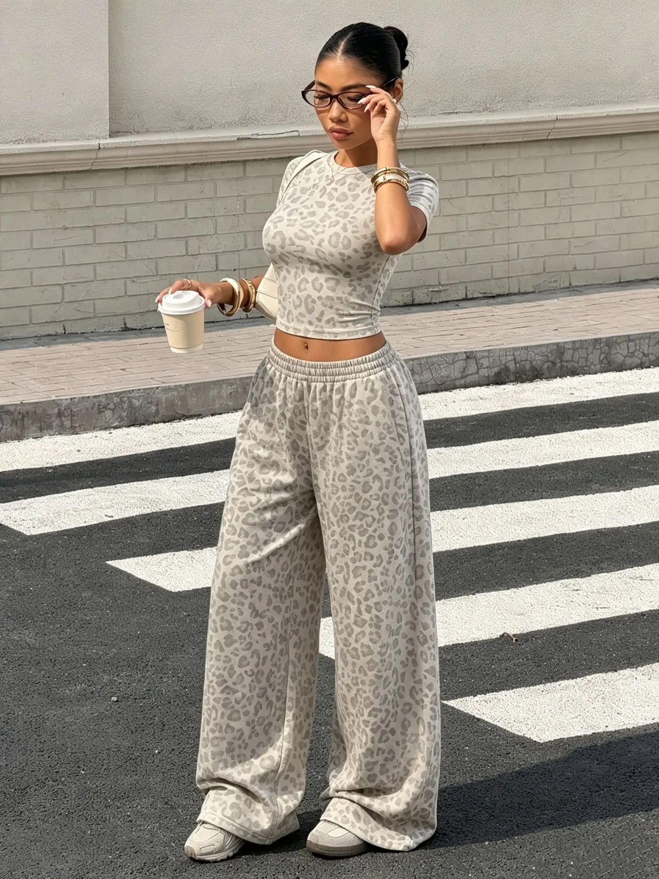 Muted Leopard Print Slim Crew Neck Short Sleeve Crop Top Elastic High Waist Wide Leg Pants Two Piece Matching Outfit Set Streetwear Loungewear Daily Casual Workout Airport OOTD Brunch Date Y2K Viral Trendy Comfy Going Out Relaxed Travel Women Co Ord Daily