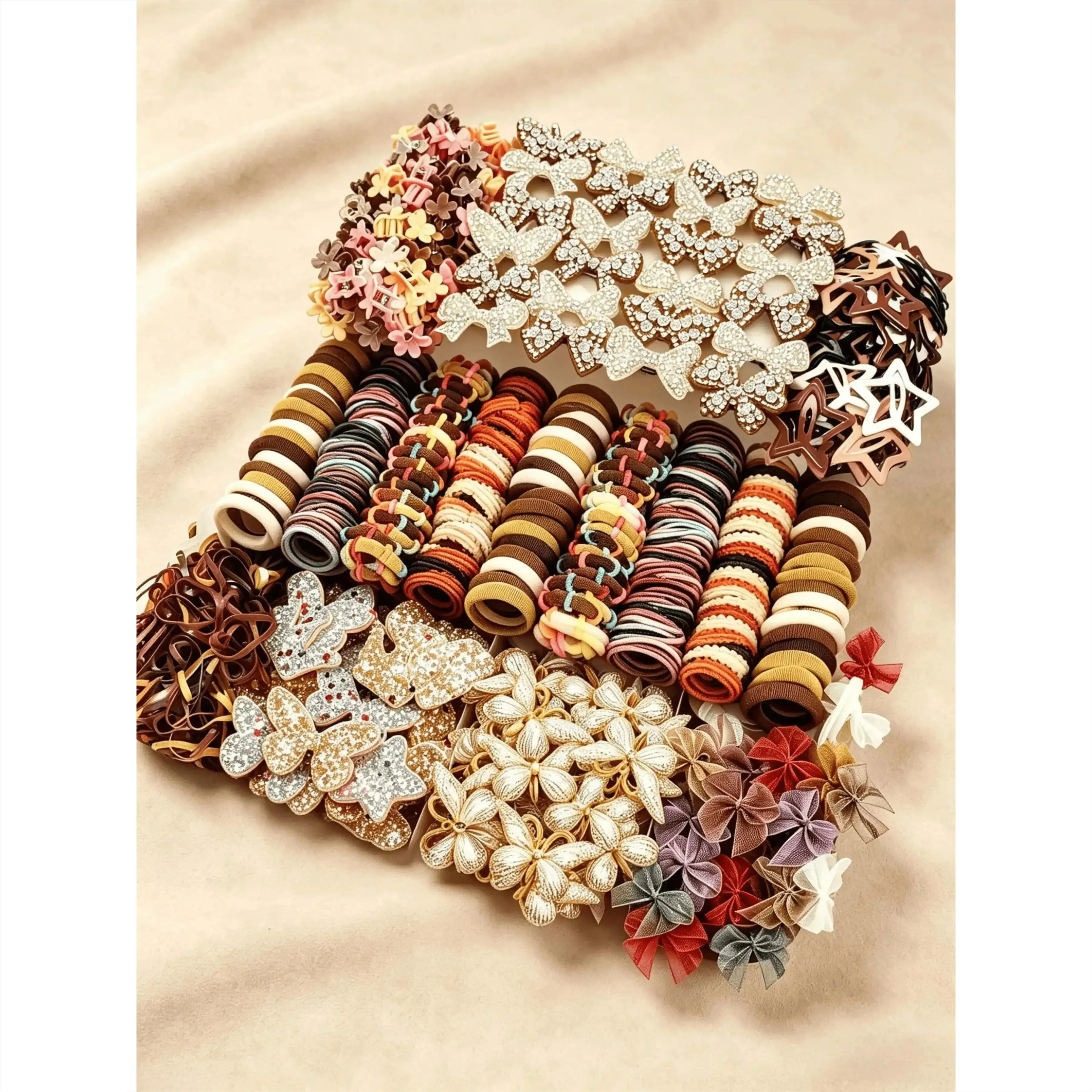 [Back To Shcool]512 pieces/sets-Autumn Style Girls Cute Hair Accessories Set,Elegant Butterfly & Flower Hair Clips, Coffee Tone Hair Ties & Barrettes, Soft & Stylish, Perfect for Daily Wear, School, Parties & Gift Giving for Girls.