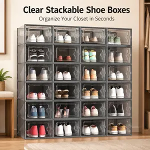 6/12/18/24pcs thickened transparent shoe boxes with lids, foldable and stackable shoe racks for free combination, plastic sneaker containers, space-saving storage organizers, suitable for entryways, bedrooms, households, and dormitories