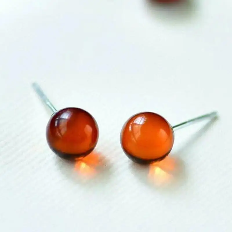 Natural Amber Ball Earrings Women Healing Gemstone Fine Jewelry 100% Genuine Baltic Red Blood Amber Round Bead Earring Ear Studs