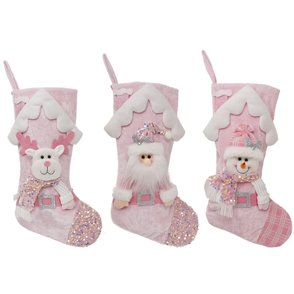 Pink Christmas Stockings Pack of 3, Luxury Christmas Stockings Pink, 3D Shiny Bling Large Stocking, Santa Snowman Reindeer Xmas Christmas Stocking 3D Characters Home Decor