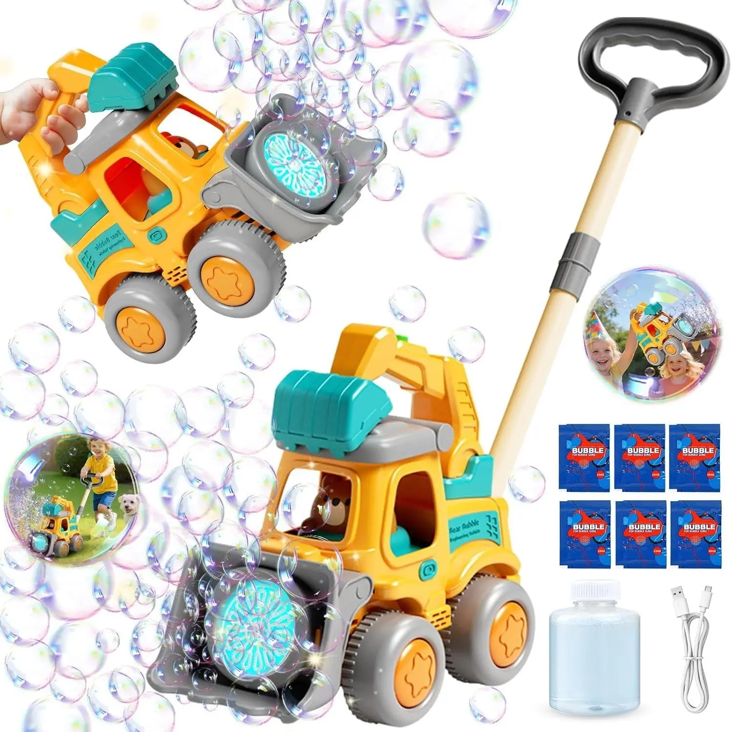 Bubble Machine for Toddlers 3-6: Construction Truck Bubble Lawn Mover, 2-in-1 Handheld Push Automatic Bubble Blower with Led Lights USB Rechargeable, Bubbles Toy for Kids Boy Girl 3-6 Year OldGift