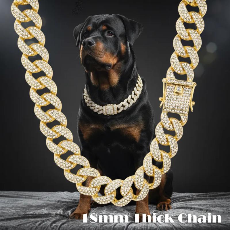 Big Dog Pet Collar Thick Heavy 18mm 18" 20" 24" Iced Cubic Zirconia Gold / Silver Plated Cuban Chain Necklace High Quality Polished.