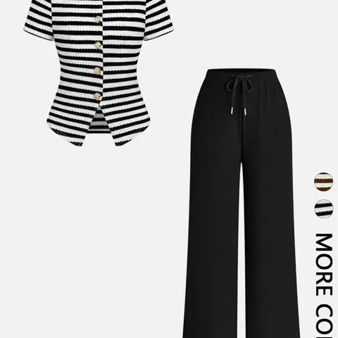 2 Piece Crew Neck Single Breasted Waist-Cinched Top & Elastic Waist Wide Leg Pants Set, Casual Versatile Commuter Set, Striped