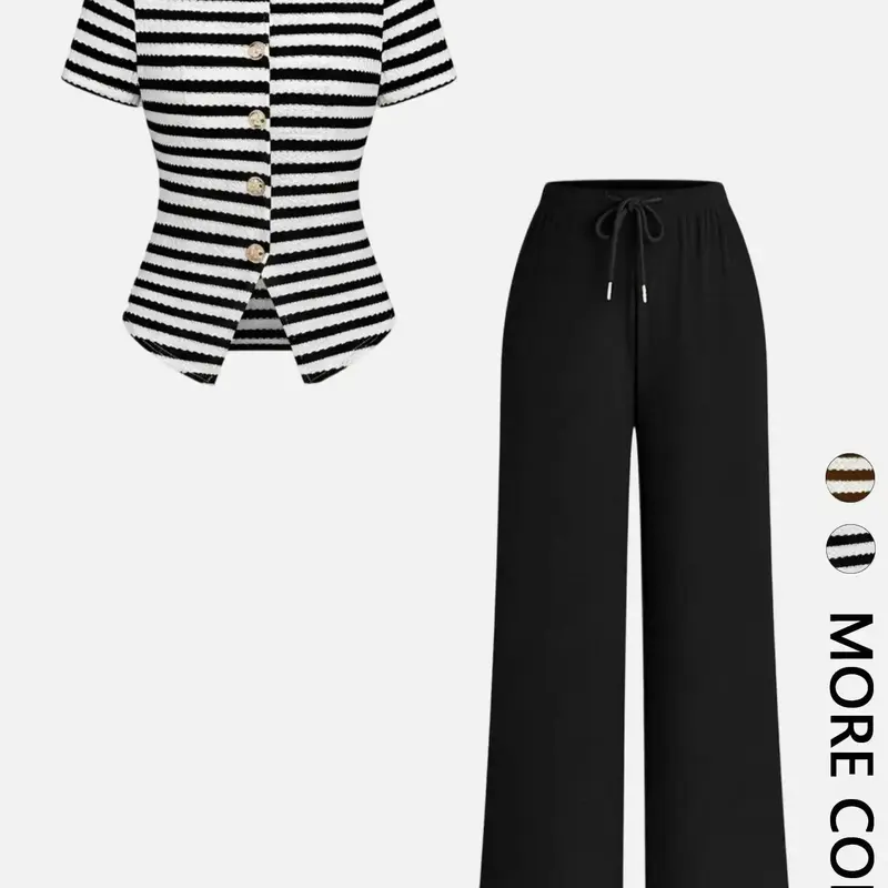 2 Piece Crew Neck Single Breasted Waist-Cinched Top & Elastic Waist Wide Leg Pants Set, Casual Versatile Commuter Set, Striped