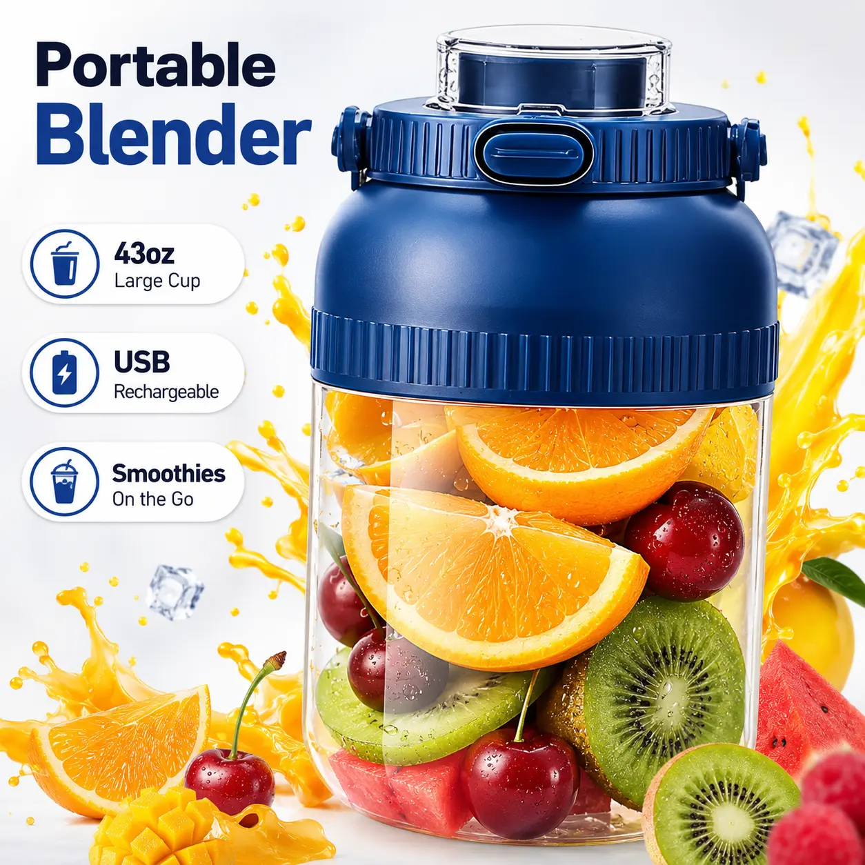 Portable USB Rechargeable Blender - 43 oz BPA-Free Personal Blender with Travel Cup and Lid for Shakes, Smoothies, Kitchen, Gym