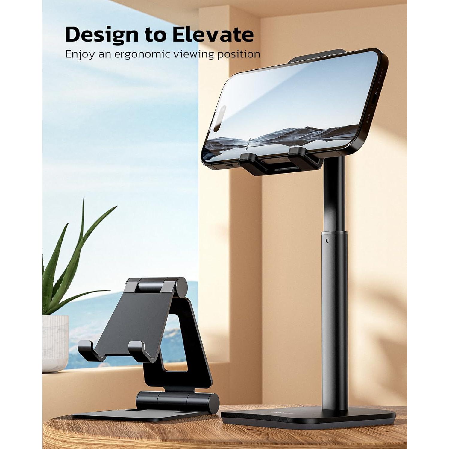 Phone Stand, Height Angle Adjustable Cell Phone Stand, Phone Holder for Desk Compatible with Phone 16 15 14 13 12 Mini 11 Pro Xs Max Xr X 8 7 6 6s Plus,  Smartphones (4-8 inches) - Black