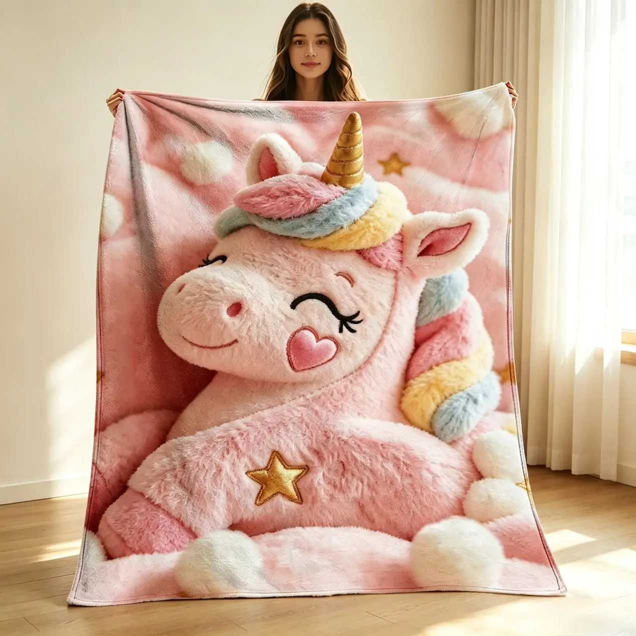 Pazzande Unicorn Plush Blanket, Ultra-Soft Lightweight Throw Blanket with Cute Graphic Design, Cozy Warm Bed Cover for Sofa, Bedroom, Office, Camping and Travel, Cute Gift for Kids and Girls