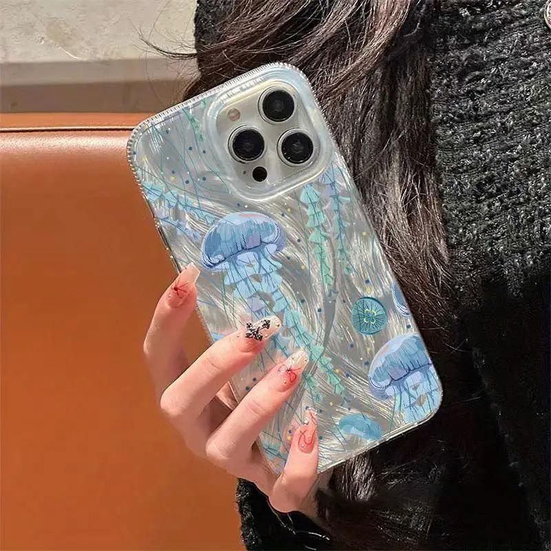 Jellyfish Ocean Phone Case for iPhone 17 16 15 14 13 12 11 Pro Max Plus & Samsung Galaxy S26 S25 S24 S23 S22 Ultra- Crystal Clear TPU+PET Hybrid, Shockproof Protection with Floating Tentacles & Bubble Accents Protective