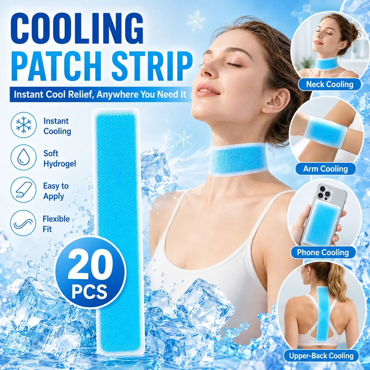 20Pcs Long Instant Cooling Patches Summer Hydrogel Style, 45cm Length Disposable Gel Ice Pads for Forehead Neck Body and Phone Cooling, Soft Skin-Friendly Portable Cool Pack for Outdoor Activities, Camping, Hiking, Sports, Travel and Hot Weather Comfort