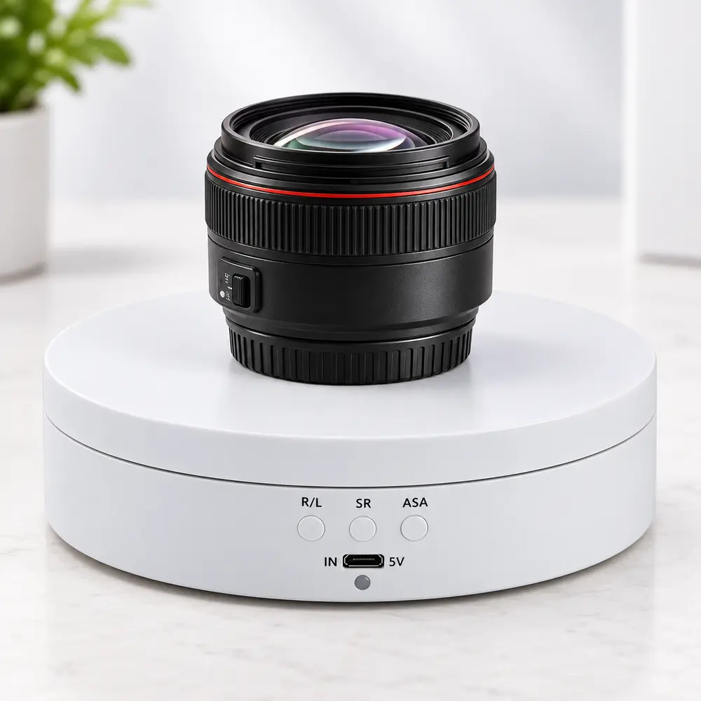 Adjustable Motorized Rotating Display Turntable with adjustable 45, 90, 180 and 360 degree display modes, three rotation speeds, 3 kg load capacity, rechargeable 5V USB power, for jewelry, models and product photography, convenient everyday setup for