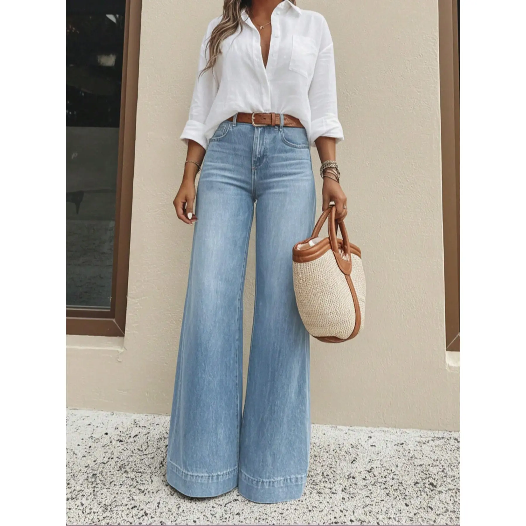 High Waisted Light Wash Wide Leg Flare Jeans for Women, Stretchy Baggy Denim Pants with Pockets (Leg Lengthening Fit)