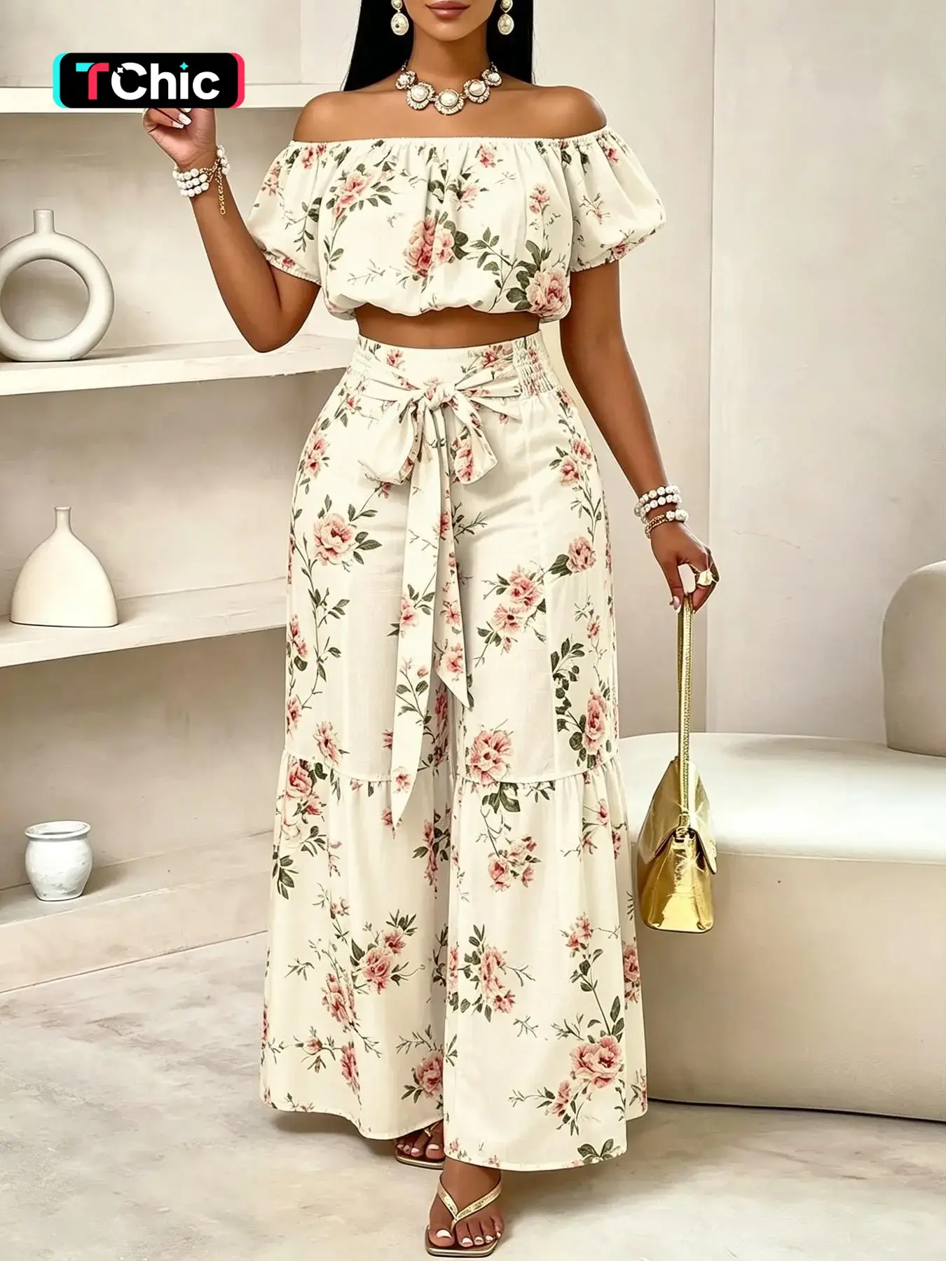 Women's Summer Chic Boho Floral Print Vintage Resort Two-Piece Set Outfit, Off-Shoulder Bubble Sleeve Top + High-Waisted Drawstring Wide Leg Pants