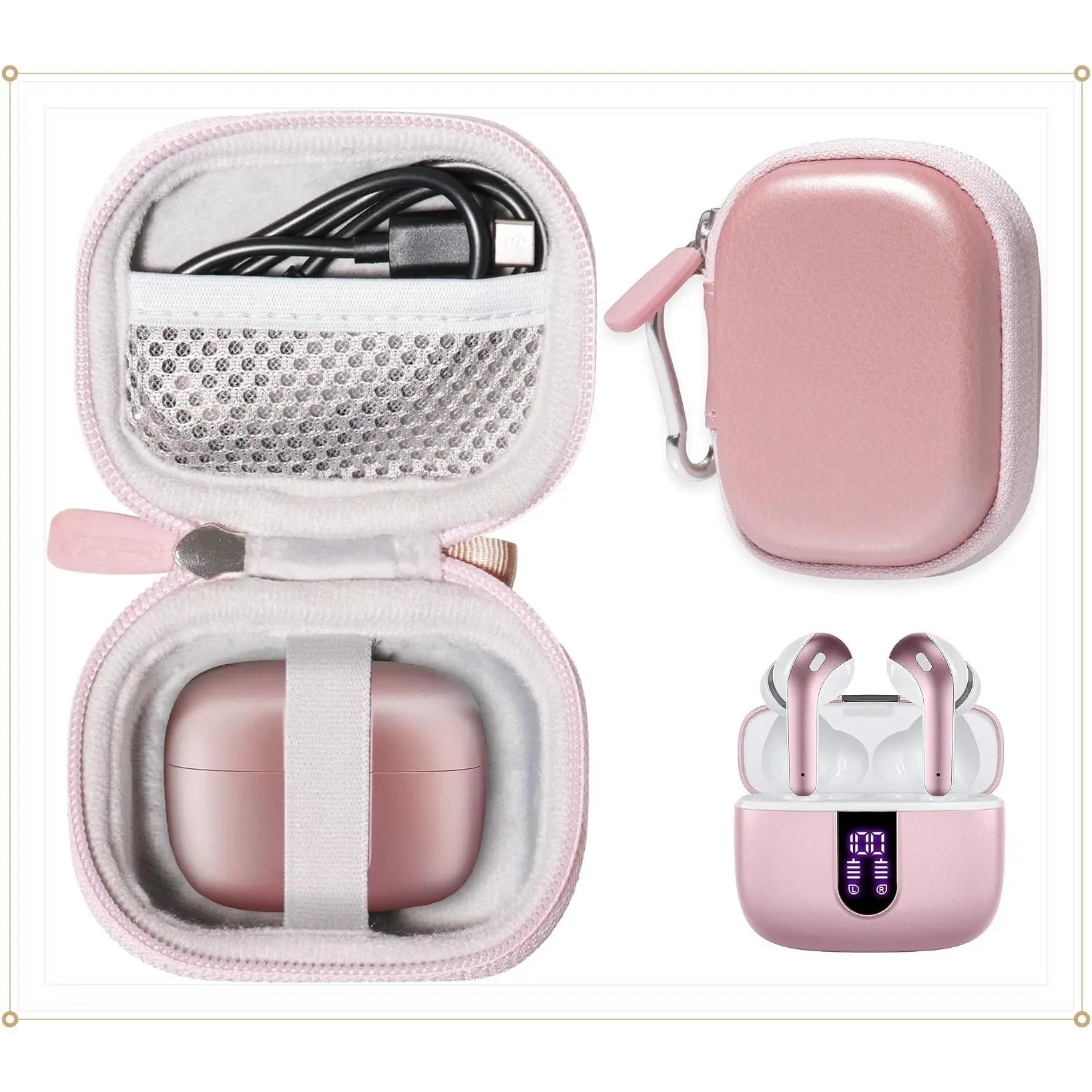 Case for Bluetooth Headphones True Wireless Earbuds 60H, Mesh Pocket for Charge Cable (Rose Gold)Gift