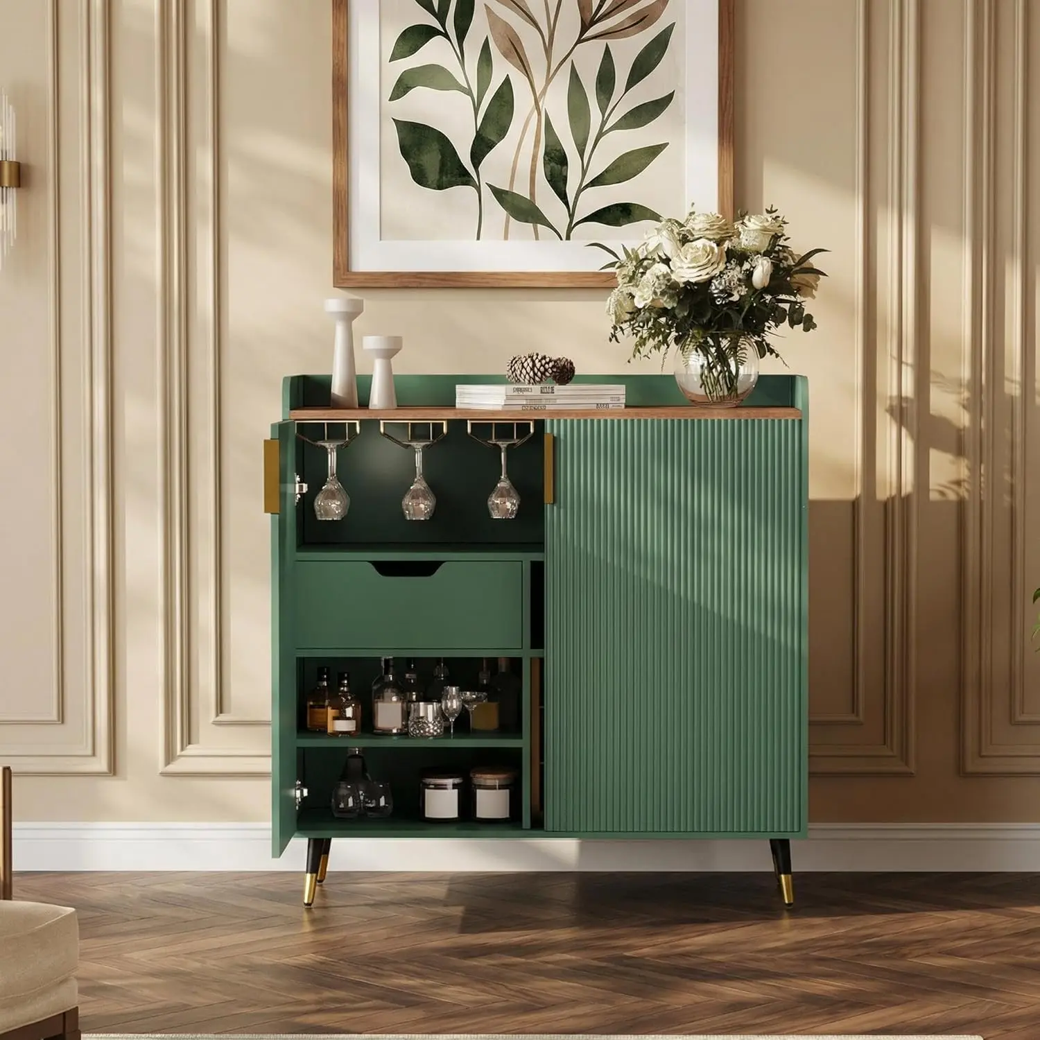 GARVEE Wood Wine Bar Cabinet with Fluted Doors - Wine Rack, Glass Holders, Small Drawer, Sturdy Metal Legs, Organized Storage - Small Buffet Sideboard for Dining Room, Kitchen