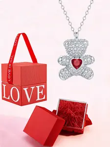 Full Diamond Bear Pendant Necklace, Heart Birthstone Collar Chain, Elegant Gift Box, Perfect Birthday Present for Wife, Girlfriend, Friend