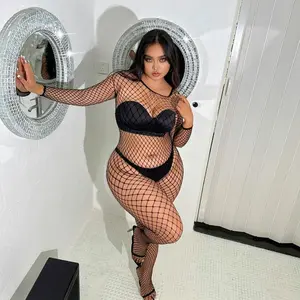 Plus Size Open Crotch Fishnet Easy Pull-On One-Piece Sexy Bodysuit Lingerie
