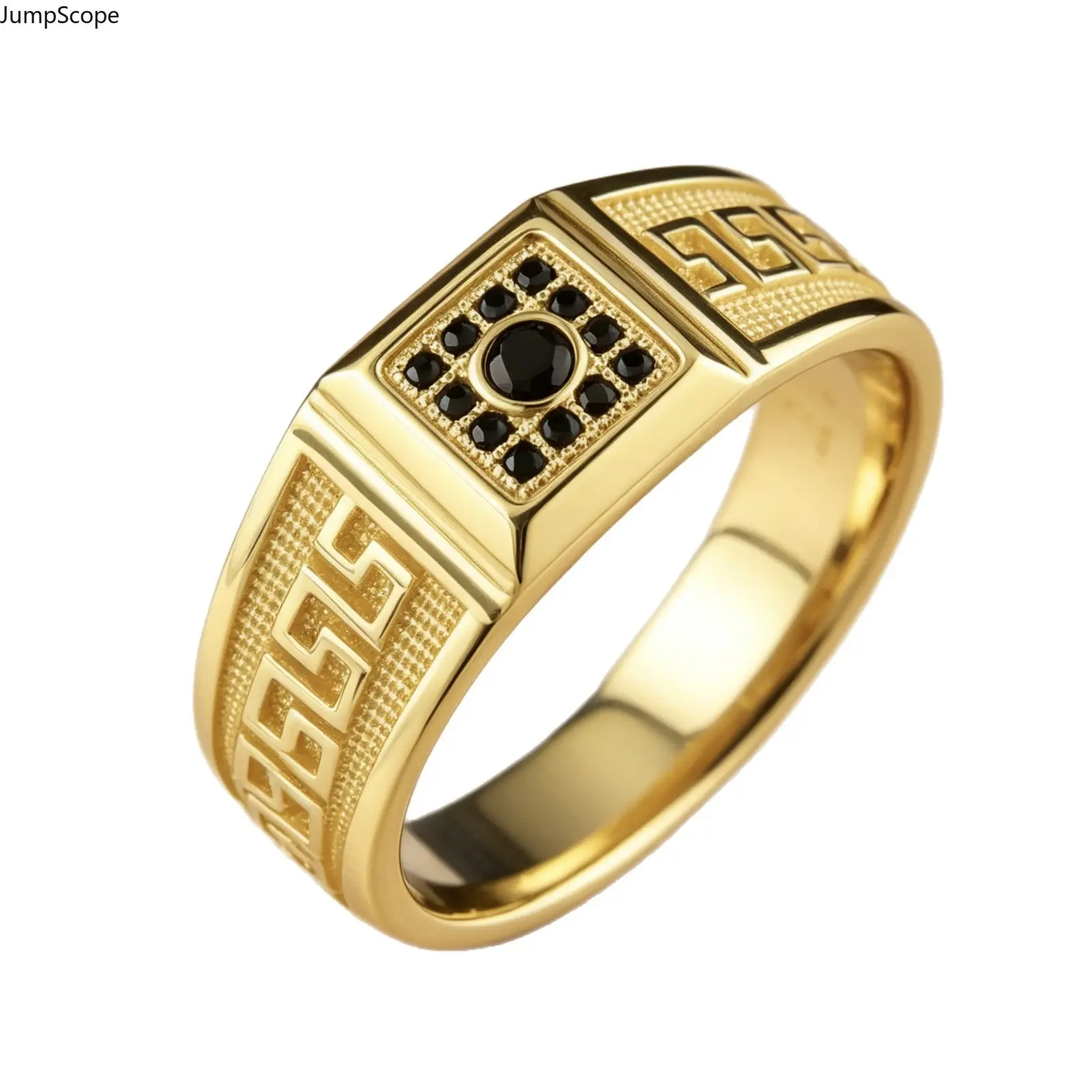 Mdf-Steel Meander Pattern Halo Black Stone Wide Face Signet Ring - Prestigious Signet Fit Male Ring for Streetwear, Biker Outfits, Semi-Formal Occasions & Sentimental Gifts for Him