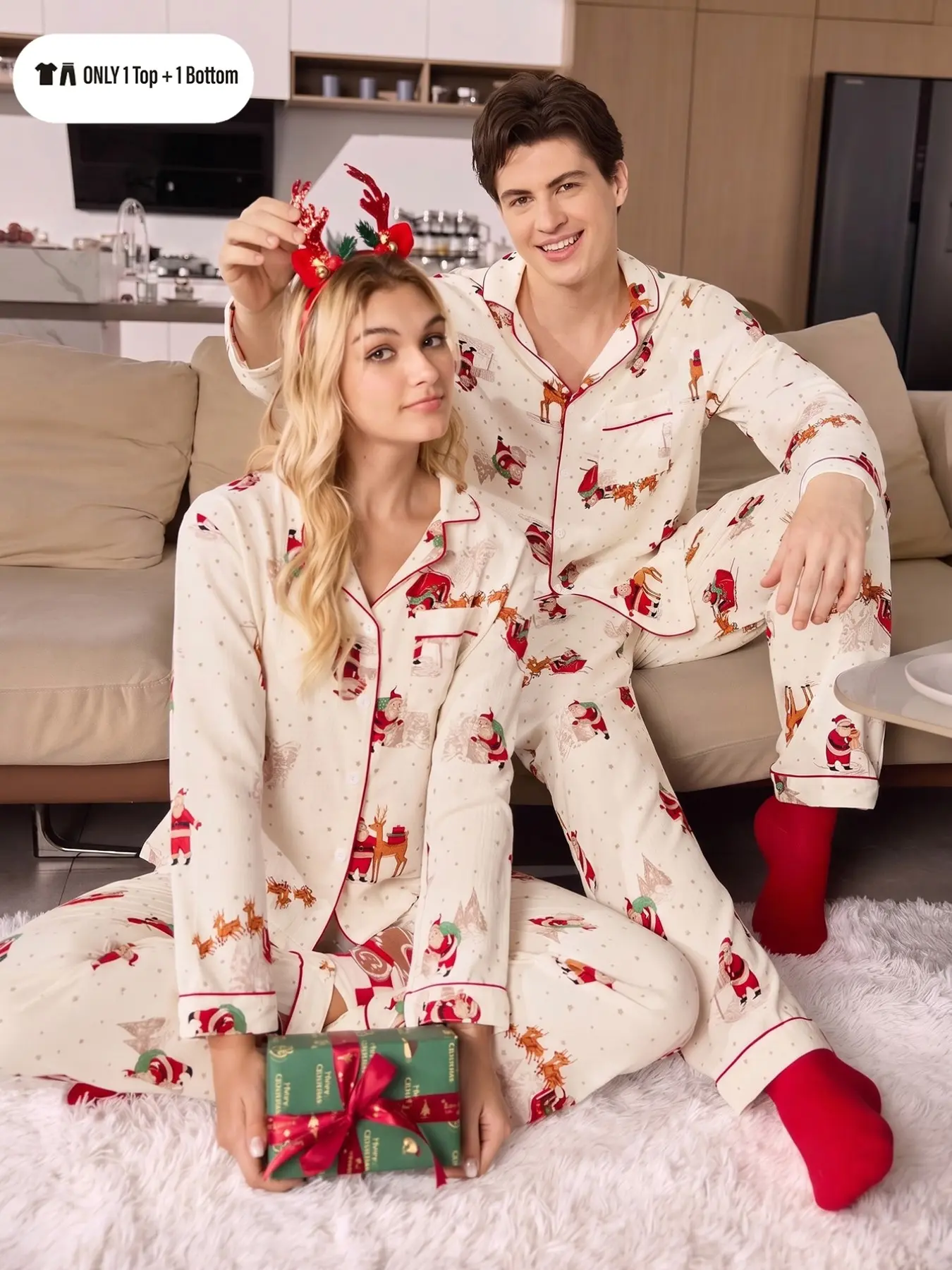 Long Sleeve Couples Pajamas, Cartoon Pattern Button Front, Fitted Casual Sleepwear, All Seasons, Perfect for Holiday Gifts