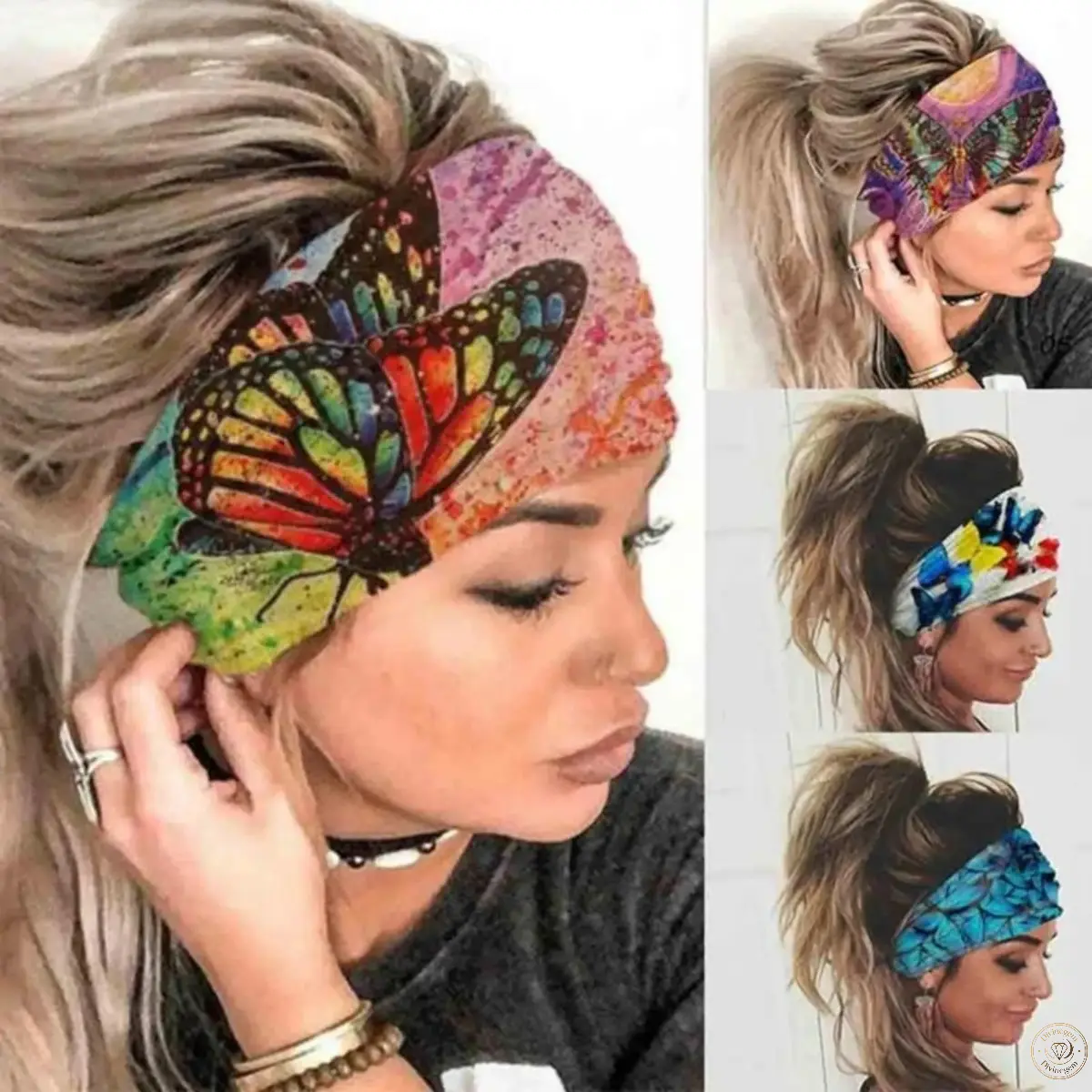 4-Pack Bohemian Butterfly‑Print Wide Stretch Headbands, Skin‑Friendly Soft Fabric Hair Accessories, Elastic Non‑slip Hair Wraps Suitable For Yoga, Beach Trips, Daily Outfits, Fitness Workout And Casual Outdoor Styling
