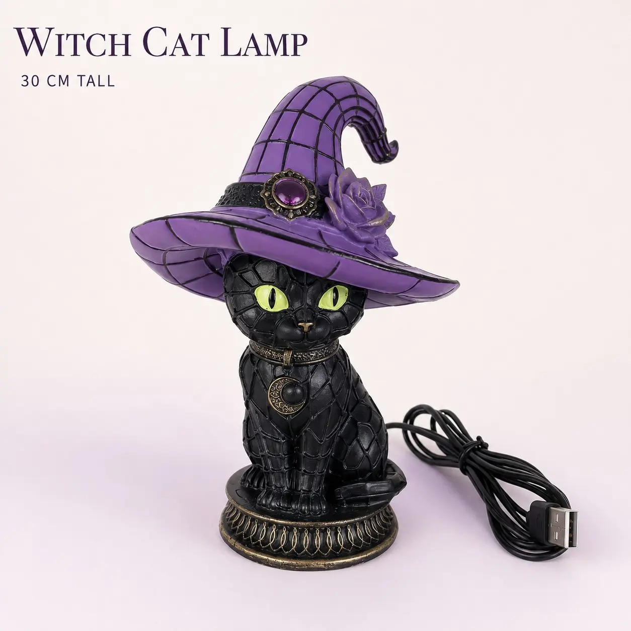 Halloween Witch Hat Cat Glass Table Lamp, Creative Resin Glow Decor, Bedroom Night Light, Living Room Desk Decoration, Party Gift